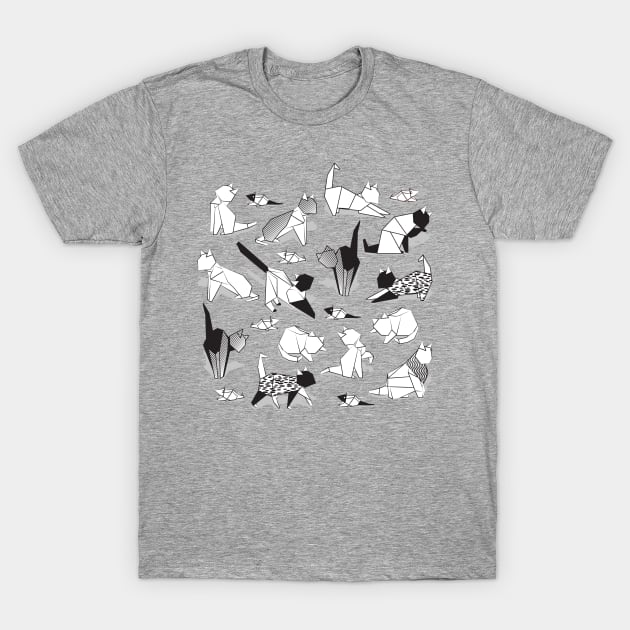 Origami kitten friends // black background black and white paper cats T-Shirt by SelmaCardoso